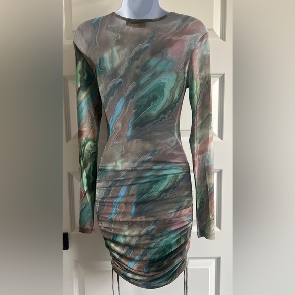BEIGE BOTANY Marbled Long-Sleeve Ruched Sheer Bodycon Dress Size Small - Picture 3 of 7